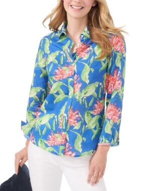 J. McLaughlin Lois Peony Bloom Floral Print Button-Down Shirt. Blue-Coral Color